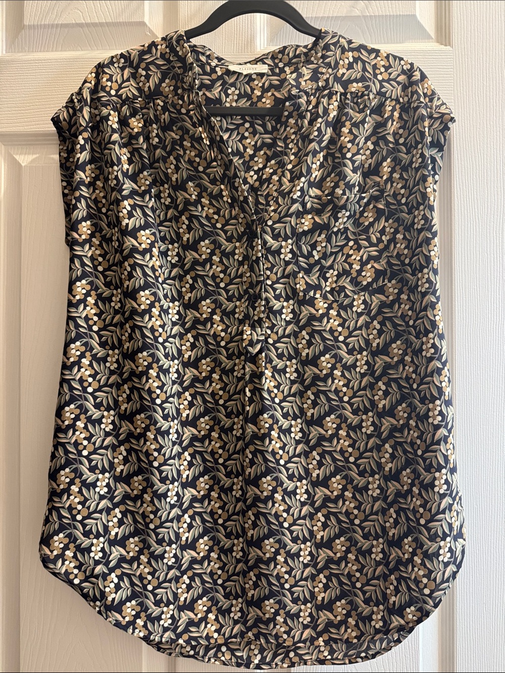 Pleione Navy Floral Cap Sleeve Blouse with Cream, Green Accents